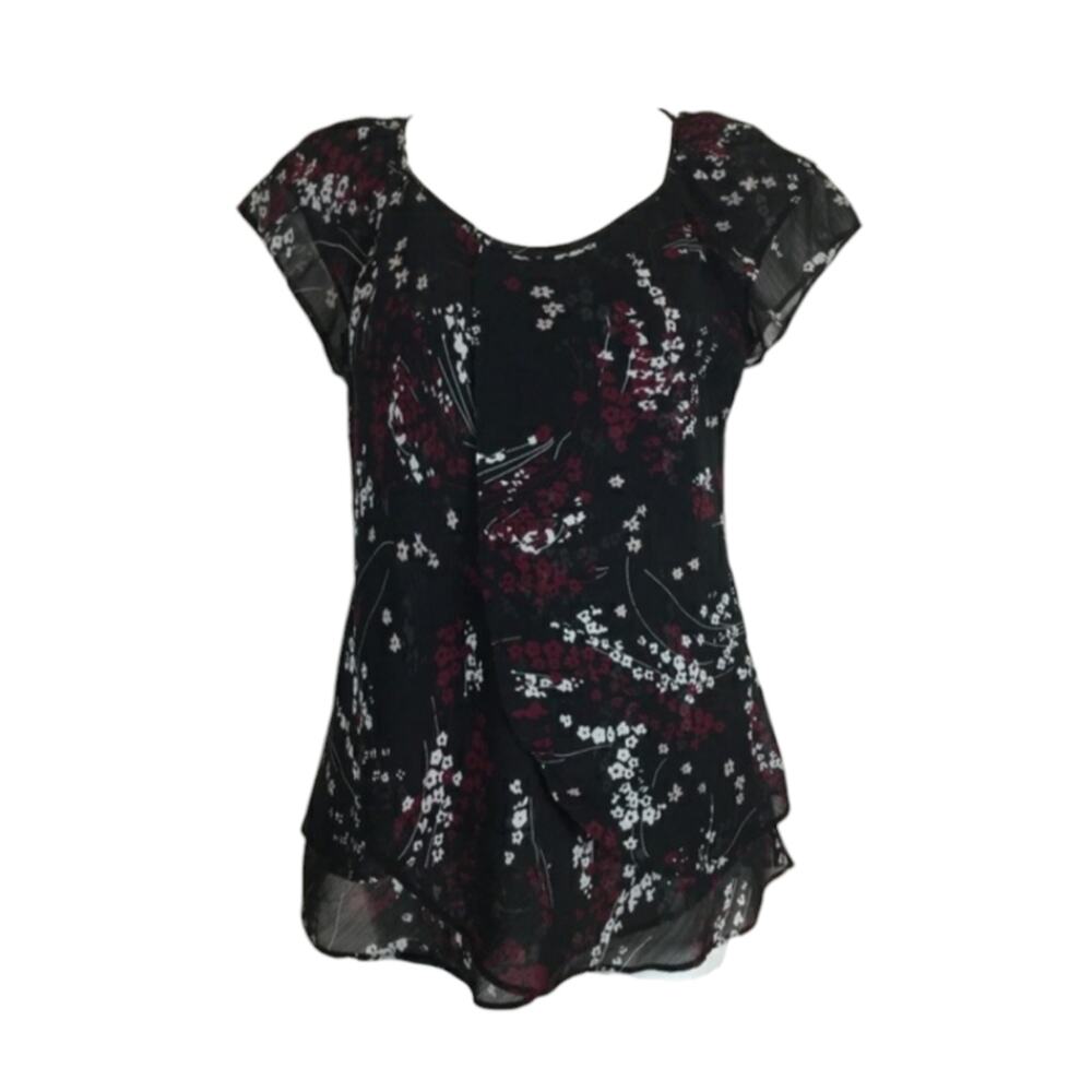 DB Black Chiffon Burgundy Cream Floral Flowing Blouse Top Medium